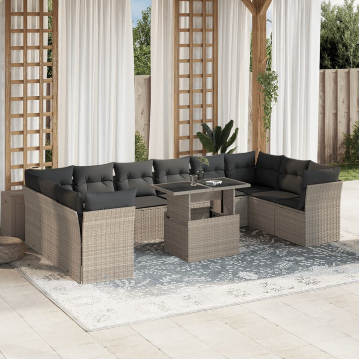 Set Canapele De Grădină Cu Perne, 11 Piese, Negru, Poliratan