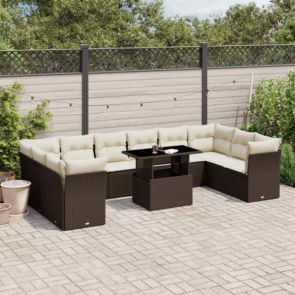 Set Canapele De Grădină Cu Perne, 11 Piese, Negru, Poliratan
