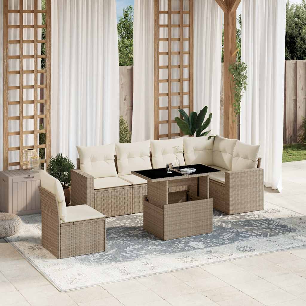 Set Canapele De Grădină, 7 Piese, Cu Perne, Bej, Poliratan