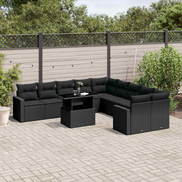 Set Canapele De Grădină Cu Perne, 11 Piese, Negru, Poliratan