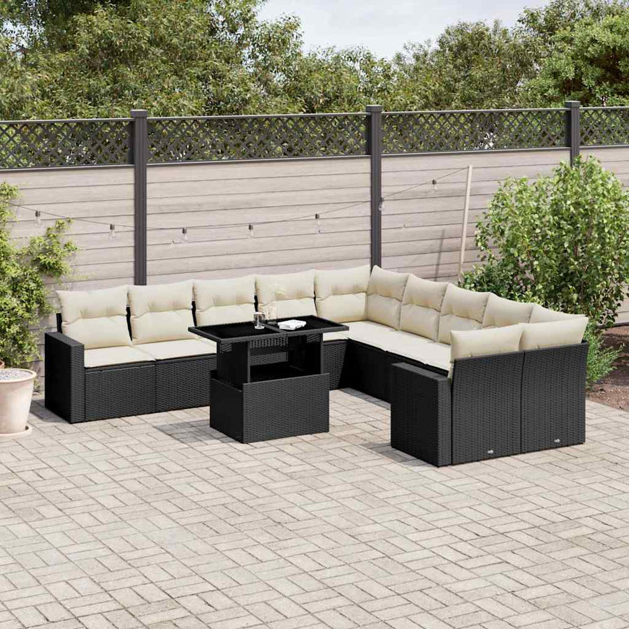 Set Canapele De Grădină Cu Perne, 11 Piese, Negru, Poliratan