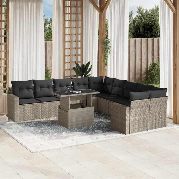 Set Canapele De Grădină Cu Perne, 11 Piese, Negru, Poliratan