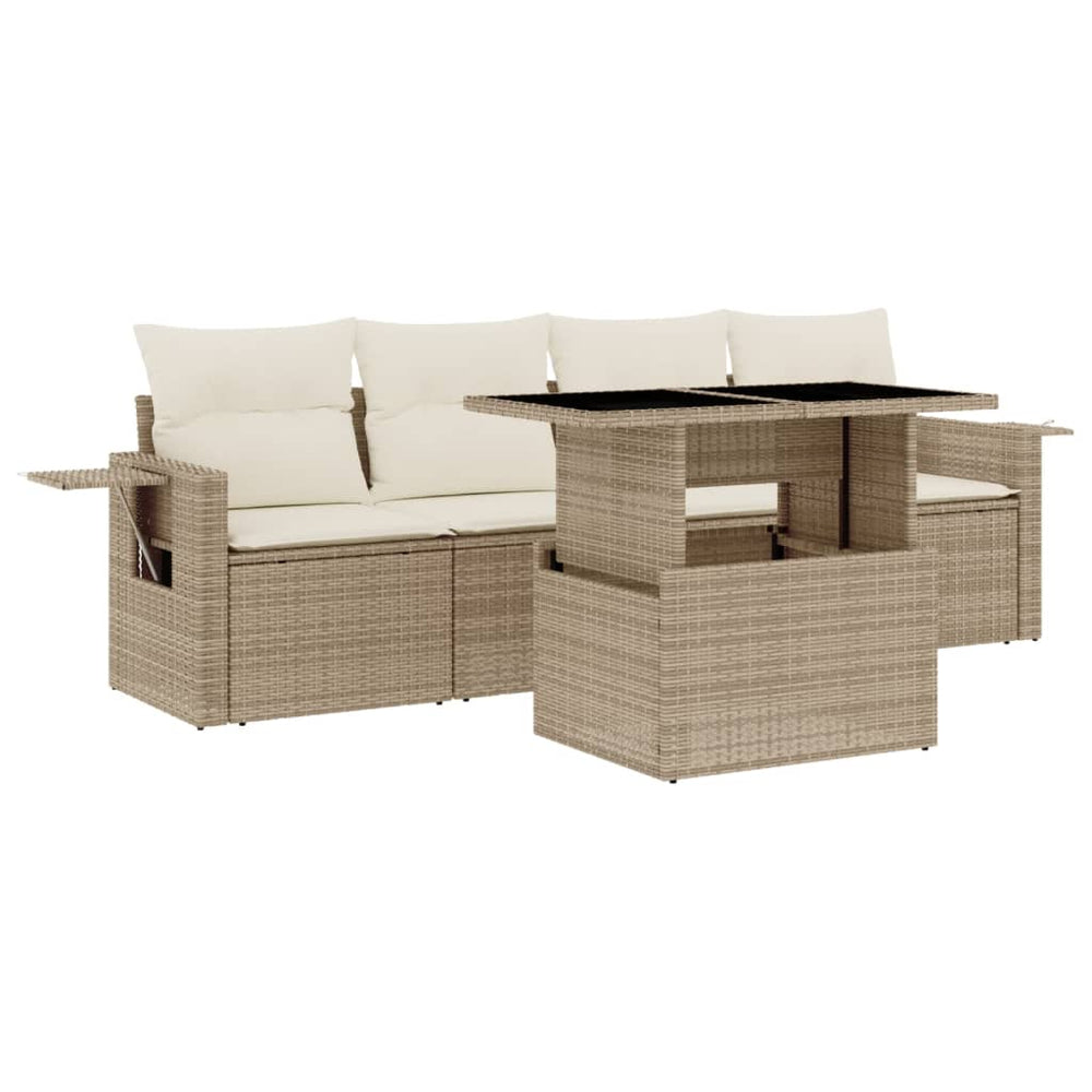 Set Canapele De Grădină Cu Perne, 5 Piese, Bej, Poliratan