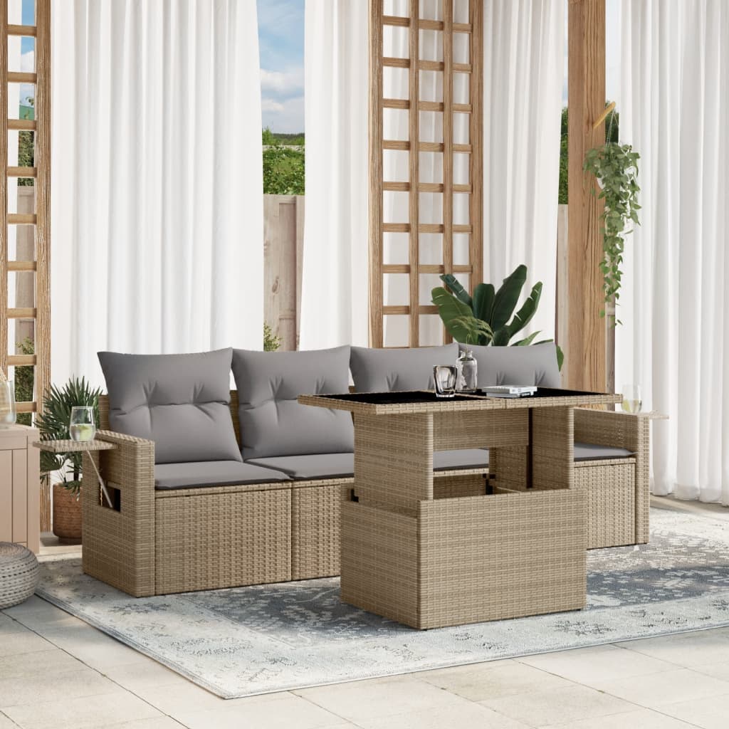 Set Canapele De Grădină Cu Perne, 5 Piese, Bej, Poliratan
