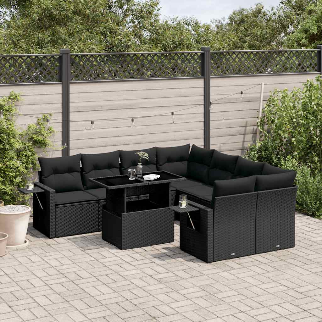 Set Mobilier De Grădină Cu Perne, 9 Piese, Negru, Poliratan