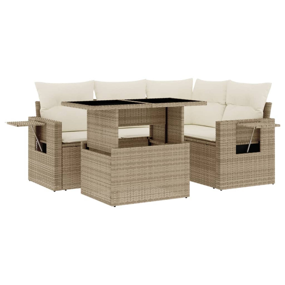 Set Canapele De Grădină Cu Perne, 5 Piese, Bej, Poliratan