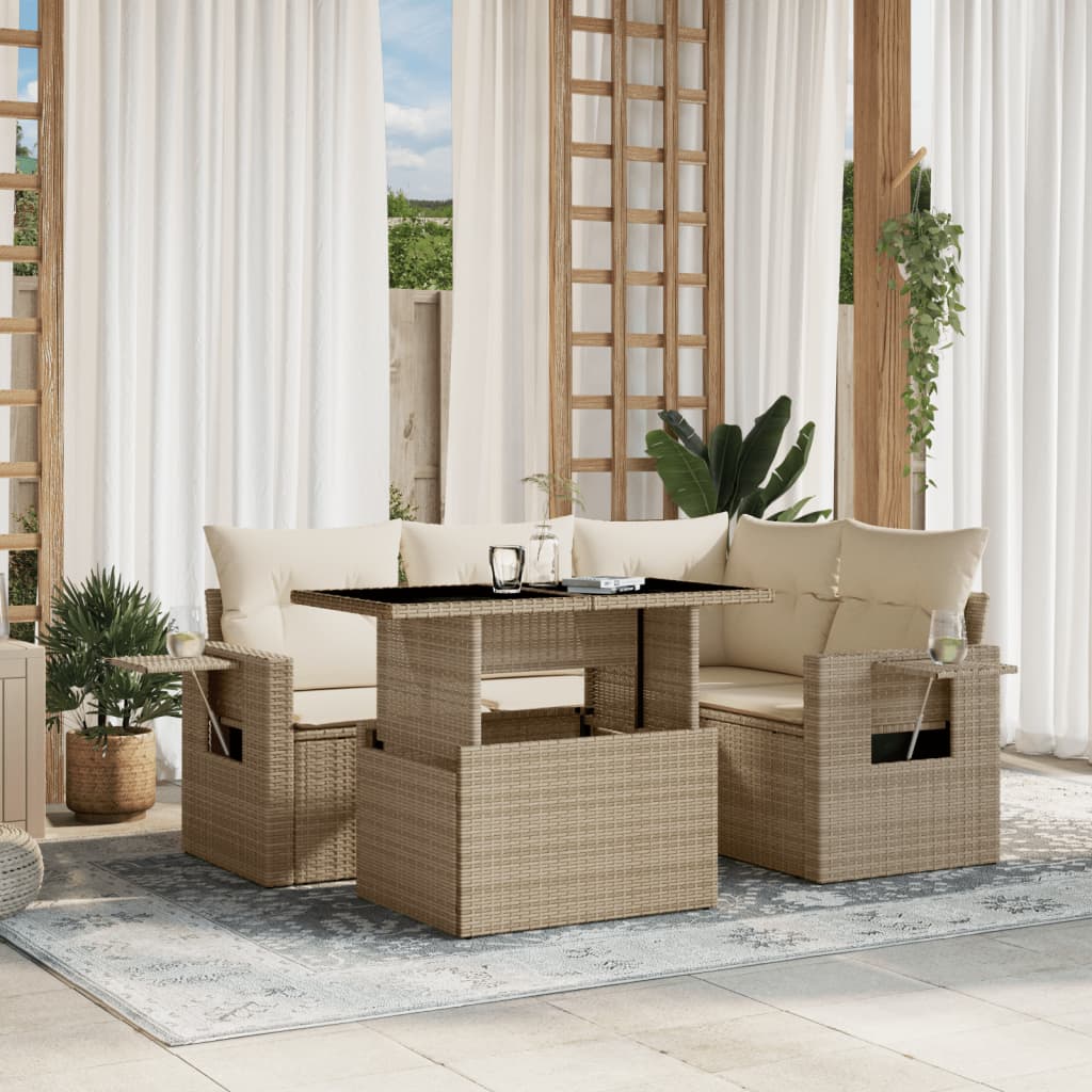 Set Canapele De Grădină Cu Perne, 5 Piese, Bej, Poliratan