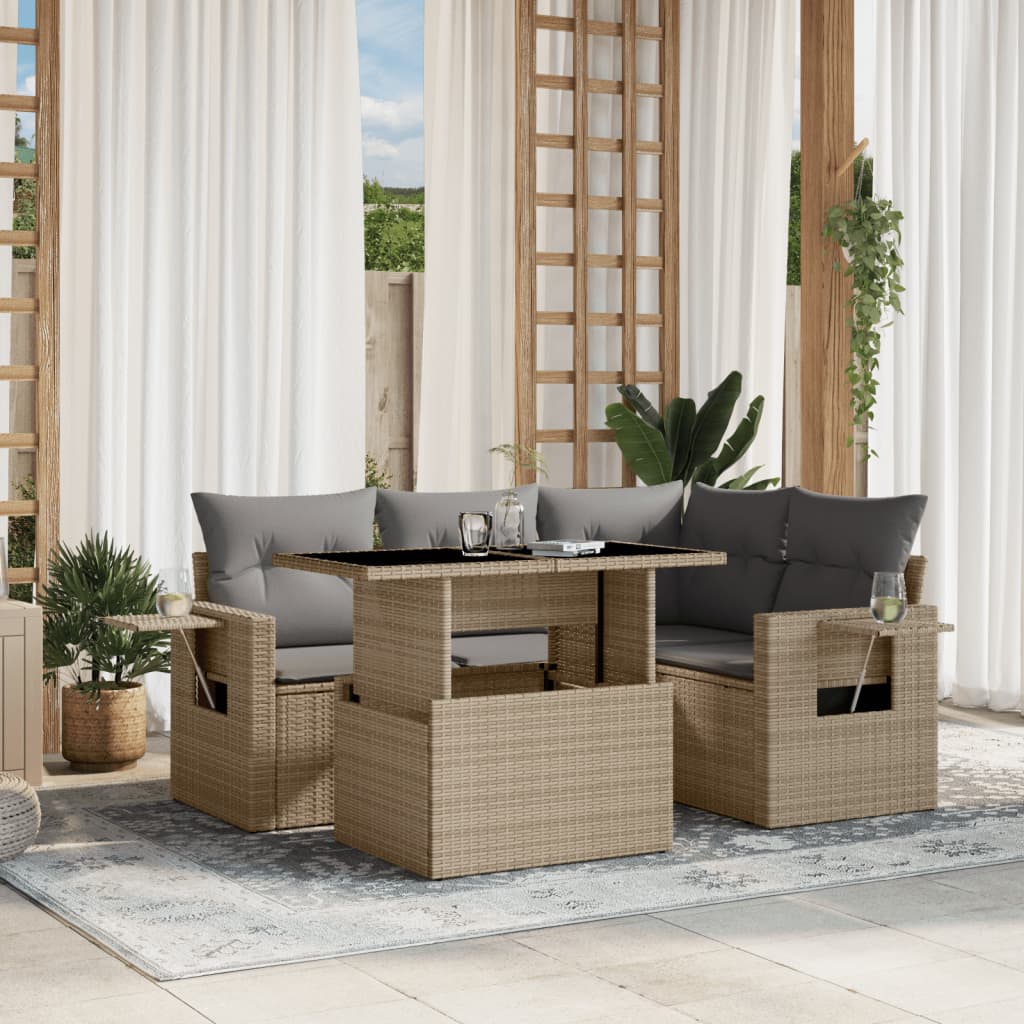 Set Canapele De Grădină Cu Perne, 5 Piese, Bej, Poliratan