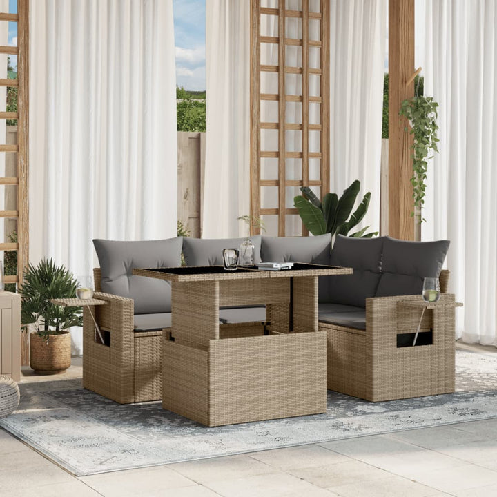 Set Canapele De Grădină Cu Perne, 5 Piese, Bej, Poliratan