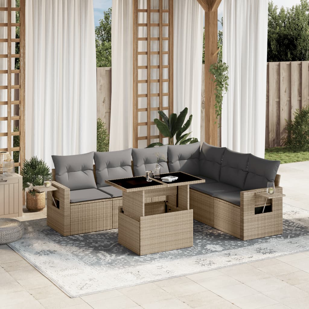 Set Canapele De Grădină, 7 Piese, Cu Perne, Bej, Poliratan