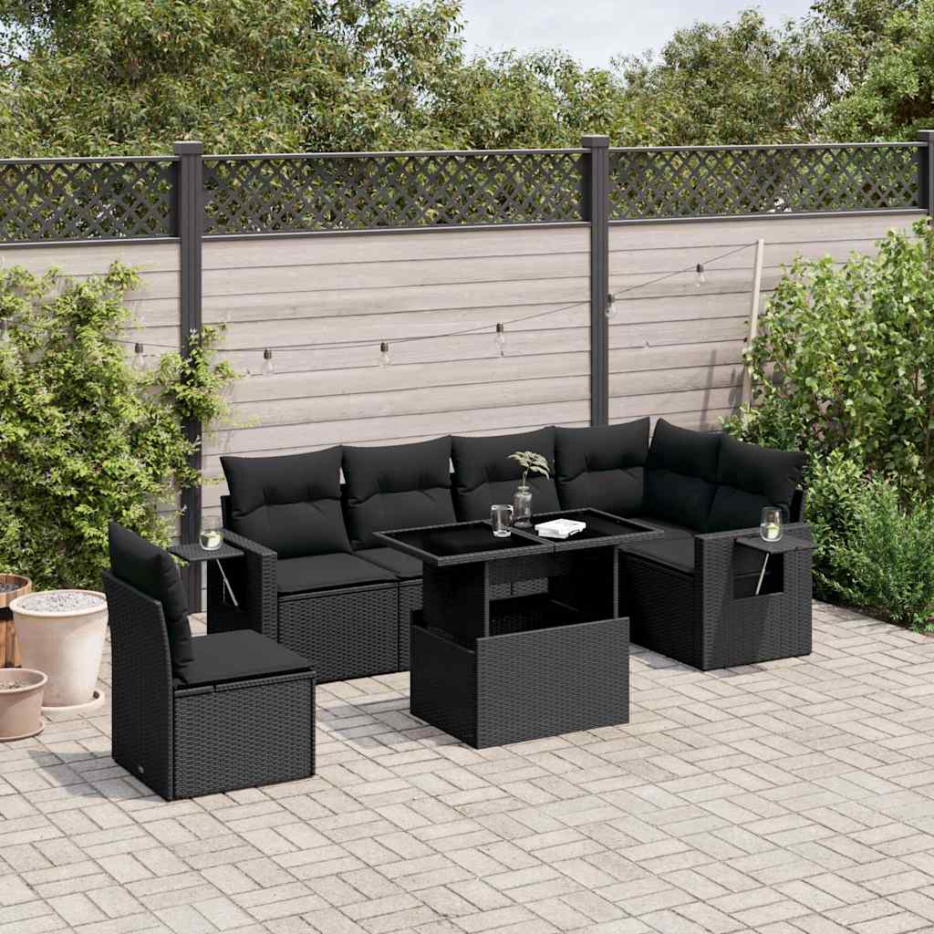 Set Canapele De Grădină Cu Perne, 7 Piese, Negru, Poliratan