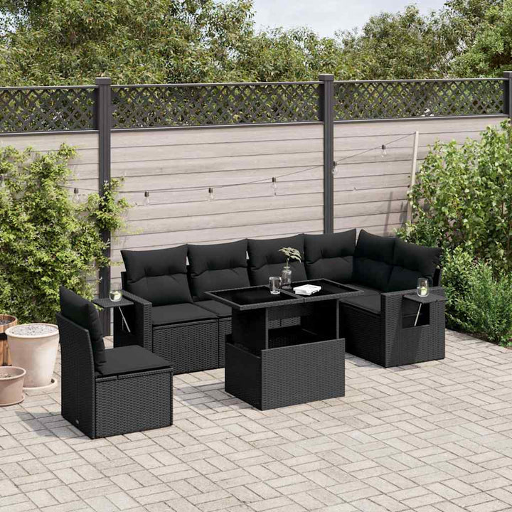 Set Canapele De Grădină Cu Perne, 7 Piese, Negru, Poliratan