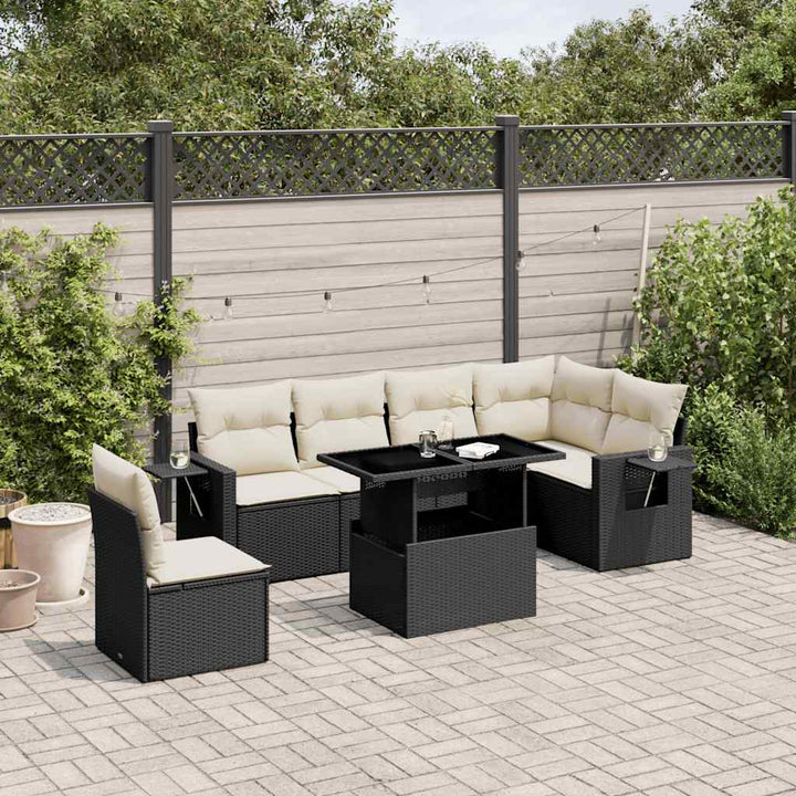 Set Canapele De Grădină Cu Perne, 7 Piese, Negru, Poliratan