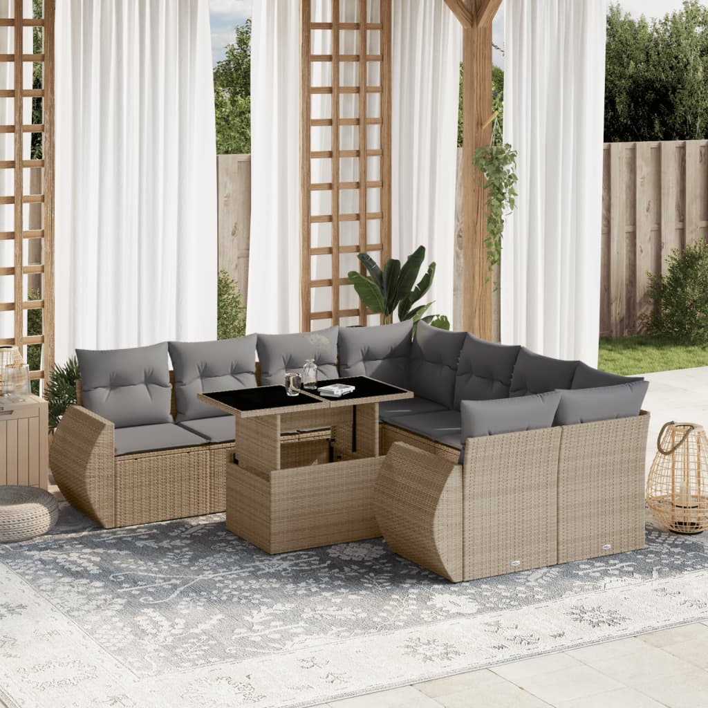 Set Mobilier De Grădină Cu Perne, 9 Piese, Negru, Poliratan