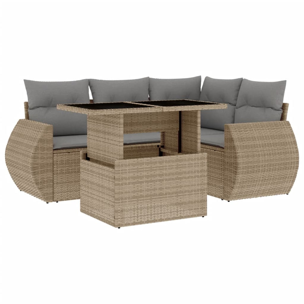 Set Canapele De Grădină Cu Perne, 5 Piese, Bej, Poliratan