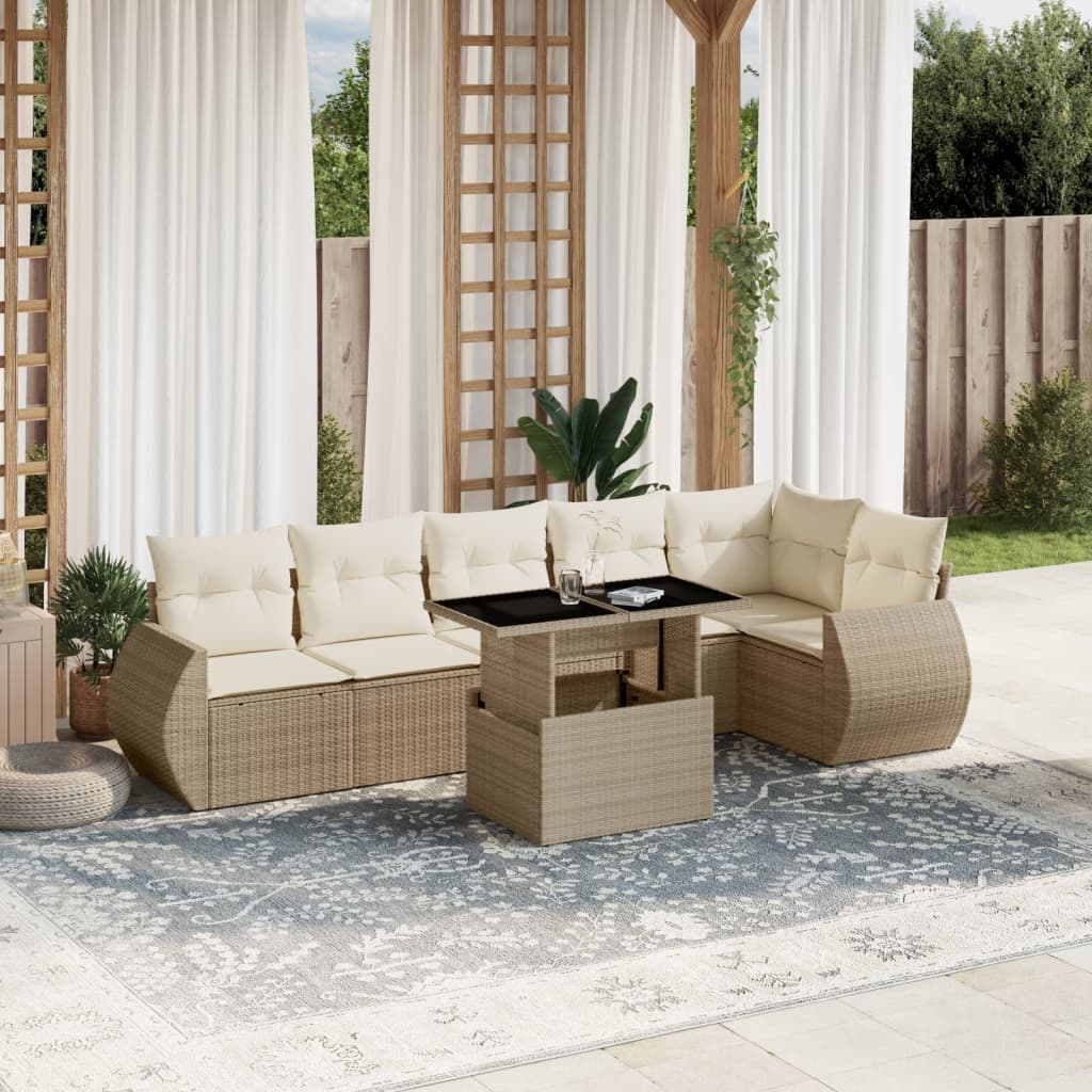 Set Canapele De Grădină, 7 Piese, Cu Perne, Bej, Poliratan