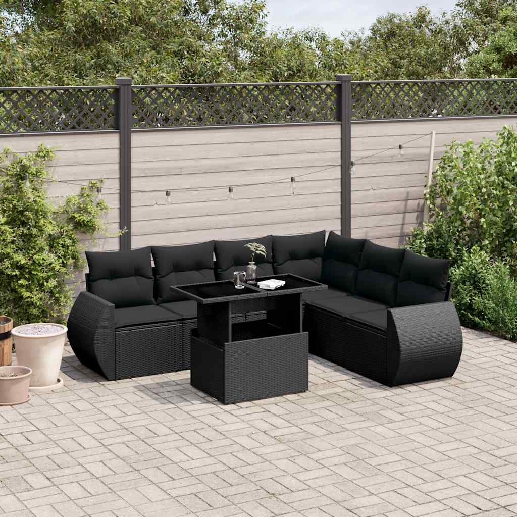 Set Canapele De Grădină Cu Perne, 7 Piese, Negru, Poliratan
