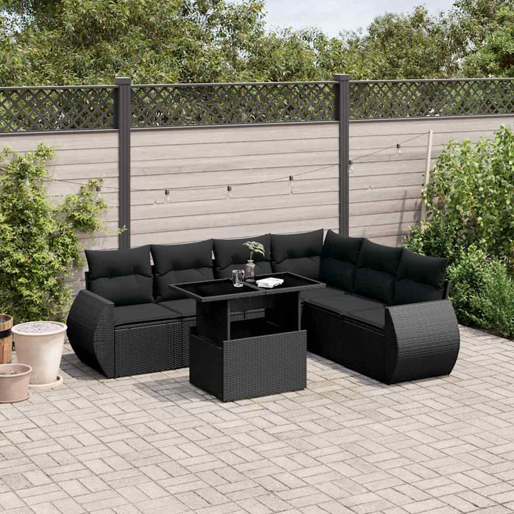 Set Canapele De Grădină Cu Perne, 7 Piese, Negru, Poliratan
