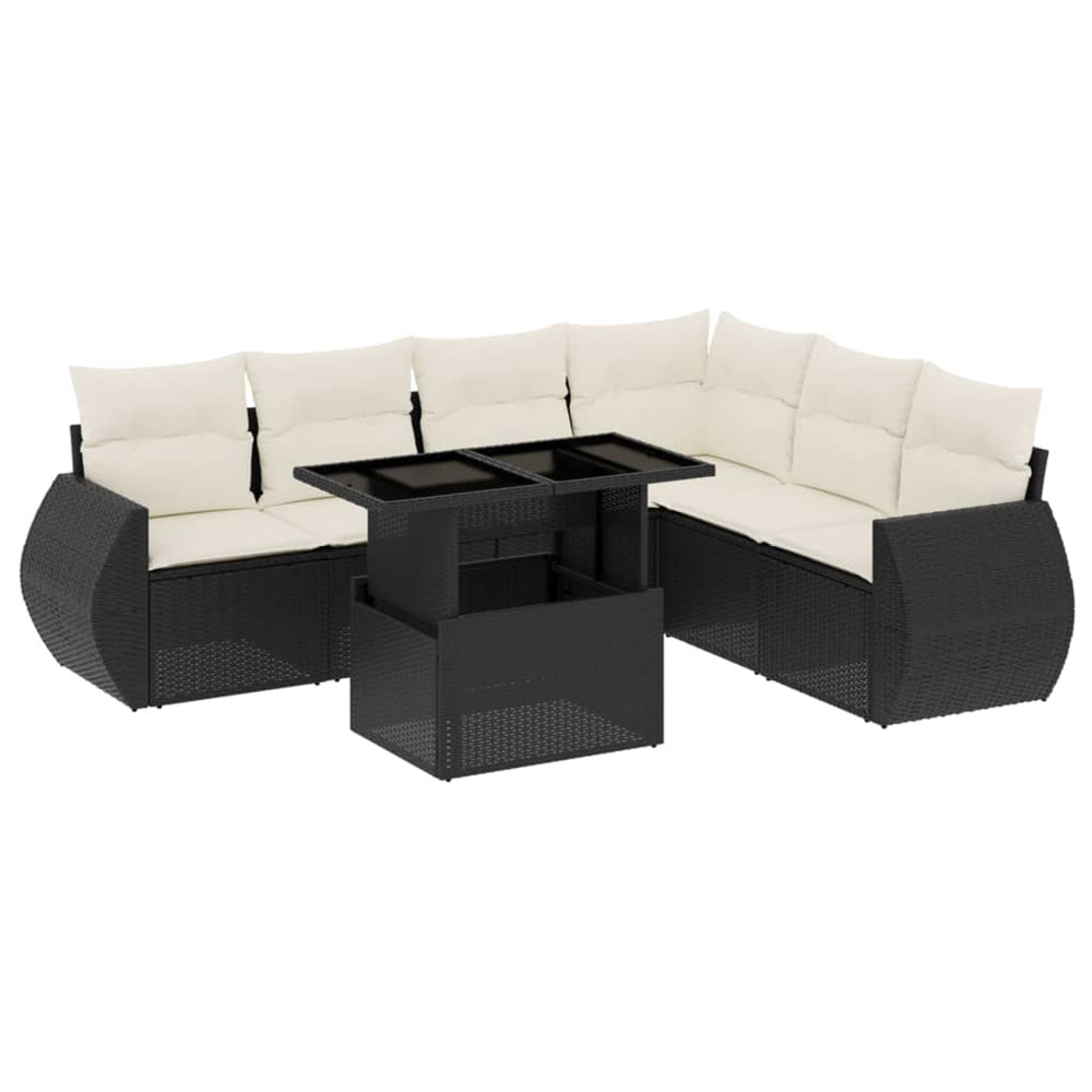 Set Canapele De Grădină Cu Perne, 7 Piese, Negru, Poliratan