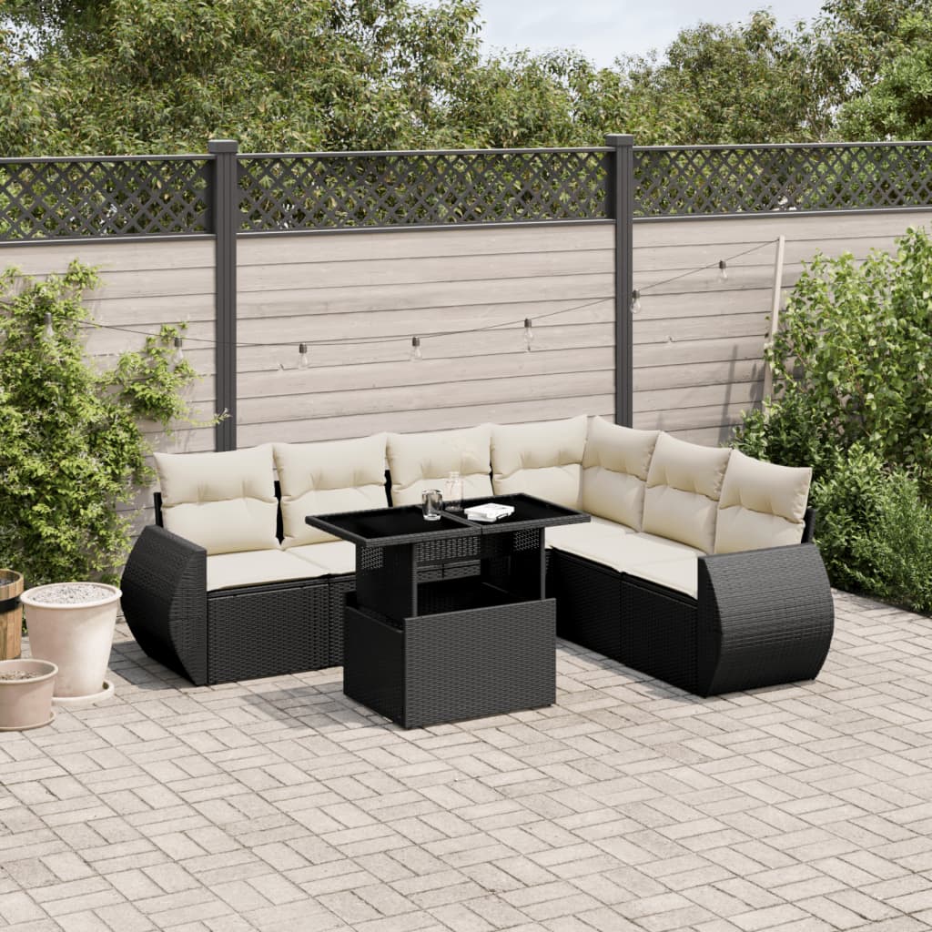 Set Canapele De Grădină Cu Perne, 7 Piese, Negru, Poliratan