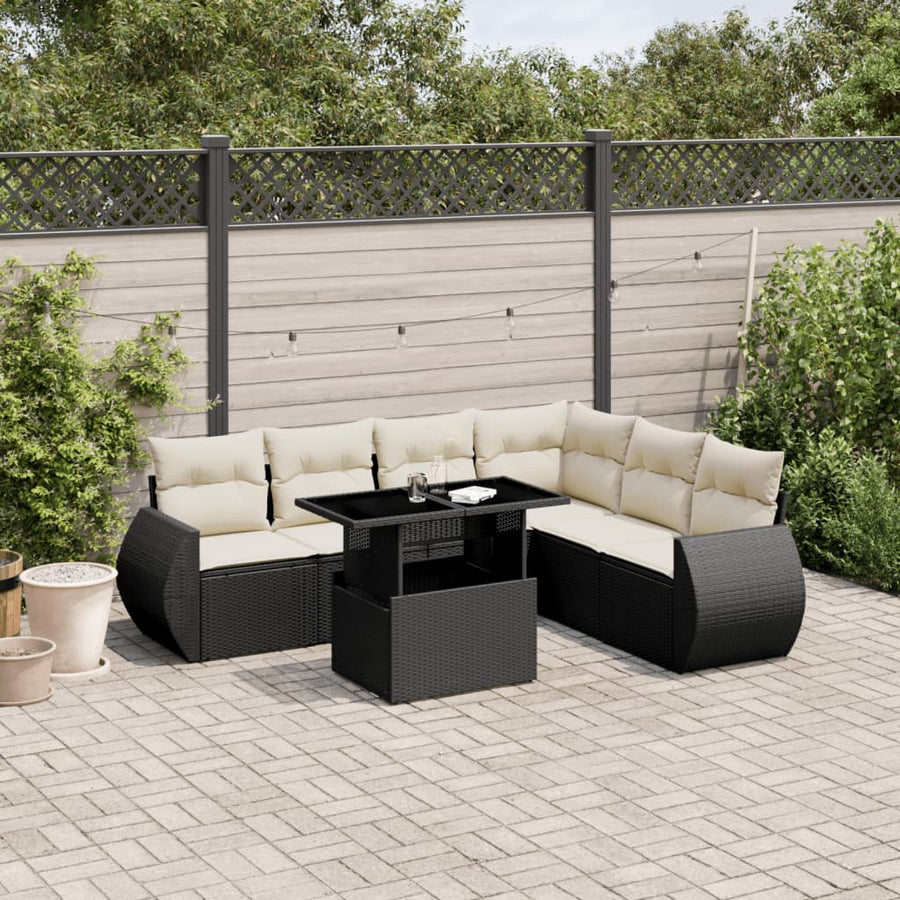 Set Canapele De Grădină Cu Perne, 7 Piese, Negru, Poliratan