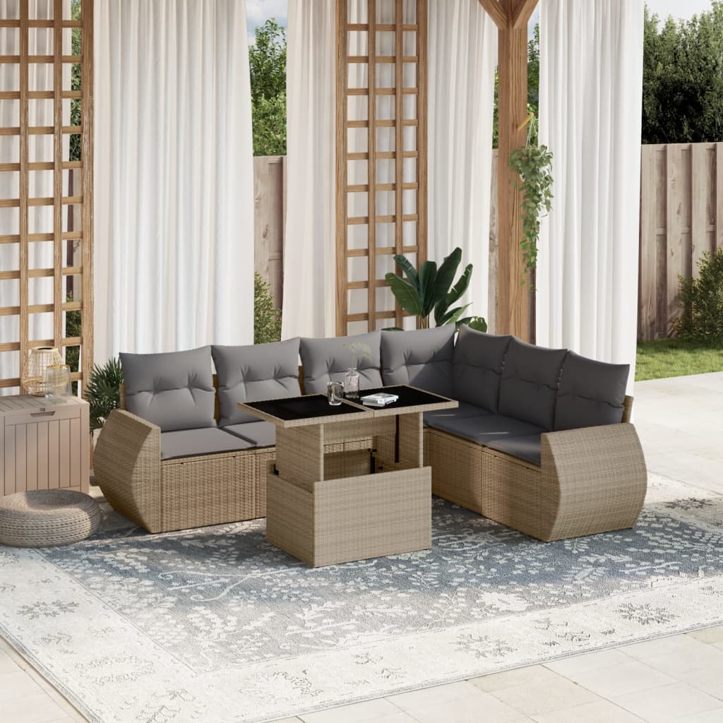 Set Canapele De Grădină Cu Perne, 7 Piese, Negru, Poliratan