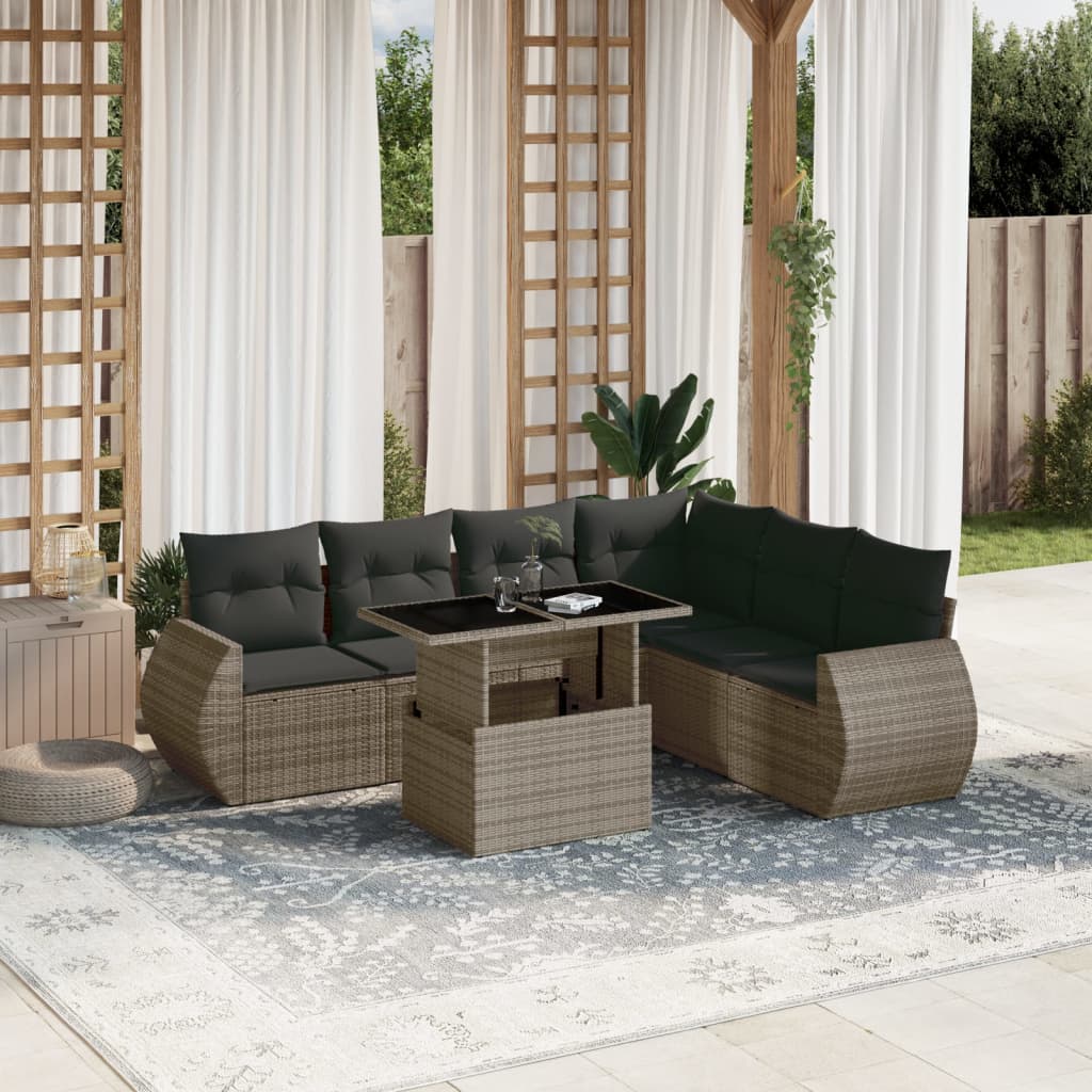 Set Canapele De Grădină Cu Perne, 7 Piese, Negru, Poliratan