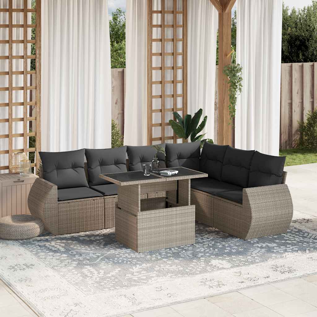 Set Canapele De Grădină Cu Perne, 7 Piese, Negru, Poliratan