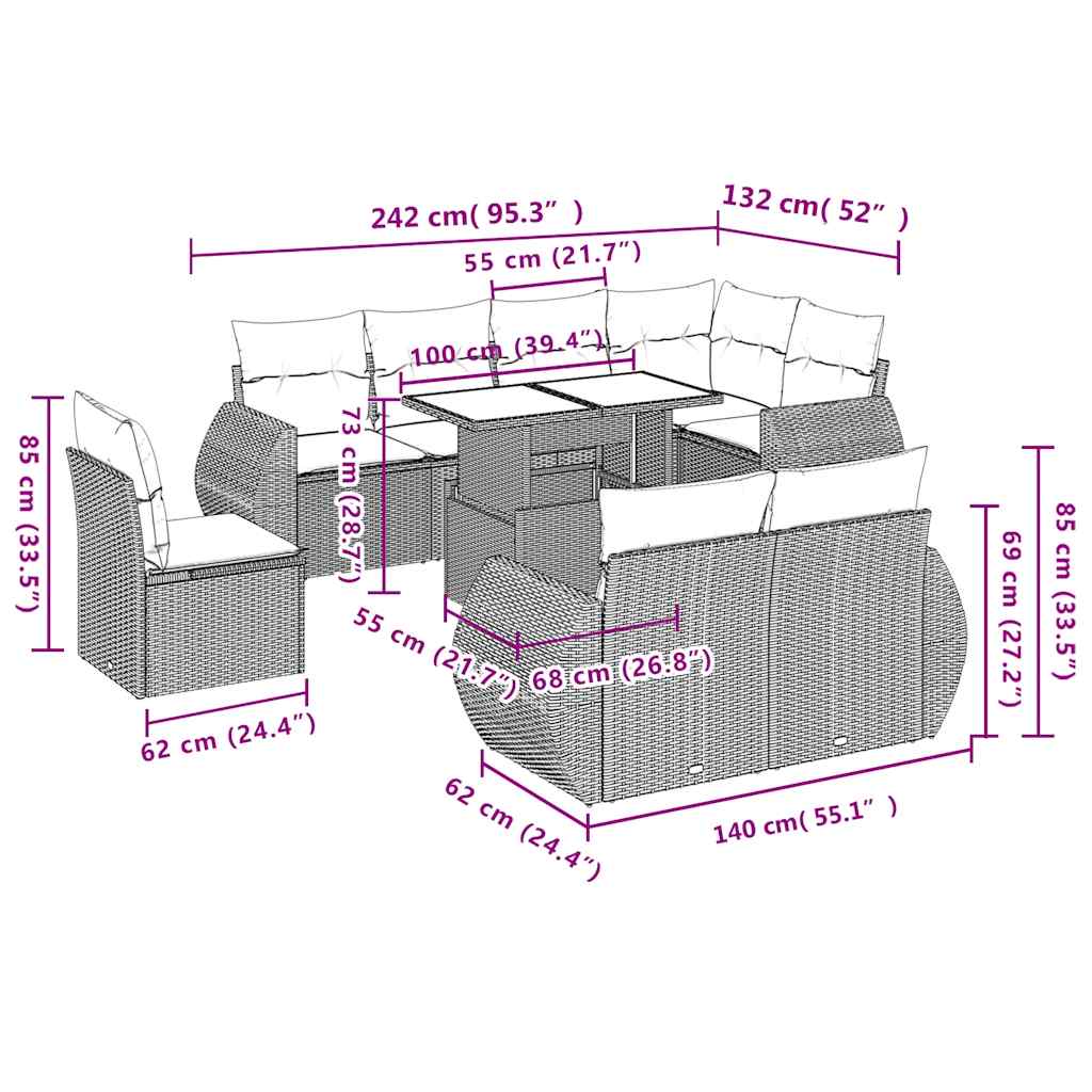 Set Mobilier De Grădină Cu Perne, 9 Piese, , Poliratan