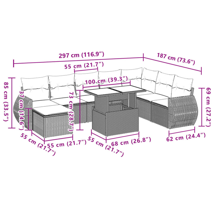 Set Canapele De Grădină, 9 Piese, Cu Perne, Bej, Poliratan