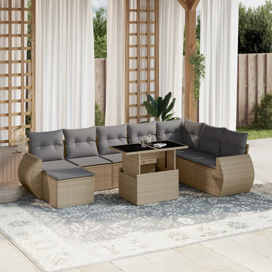 Set Canapele De Grădină, 9 Piese, Cu Perne, Bej, Poliratan