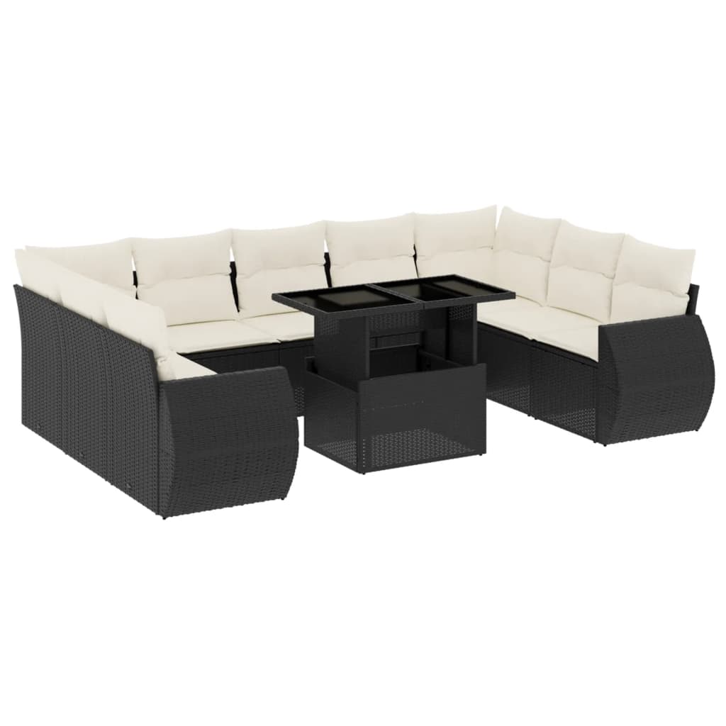 Set Canapele De Grădină Cu Perne, 10 Piese, Negru, Poliratan