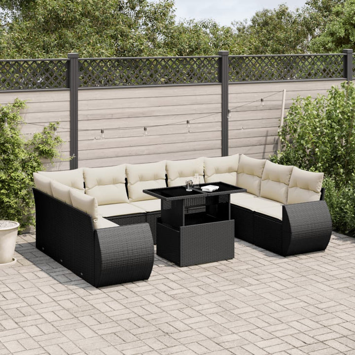 Set Canapele De Grădină Cu Perne, 10 Piese, Negru, Poliratan