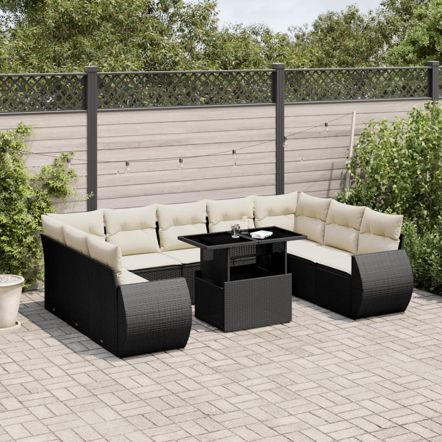 Set Canapele De Grădină Cu Perne, 10 Piese, Negru, Poliratan