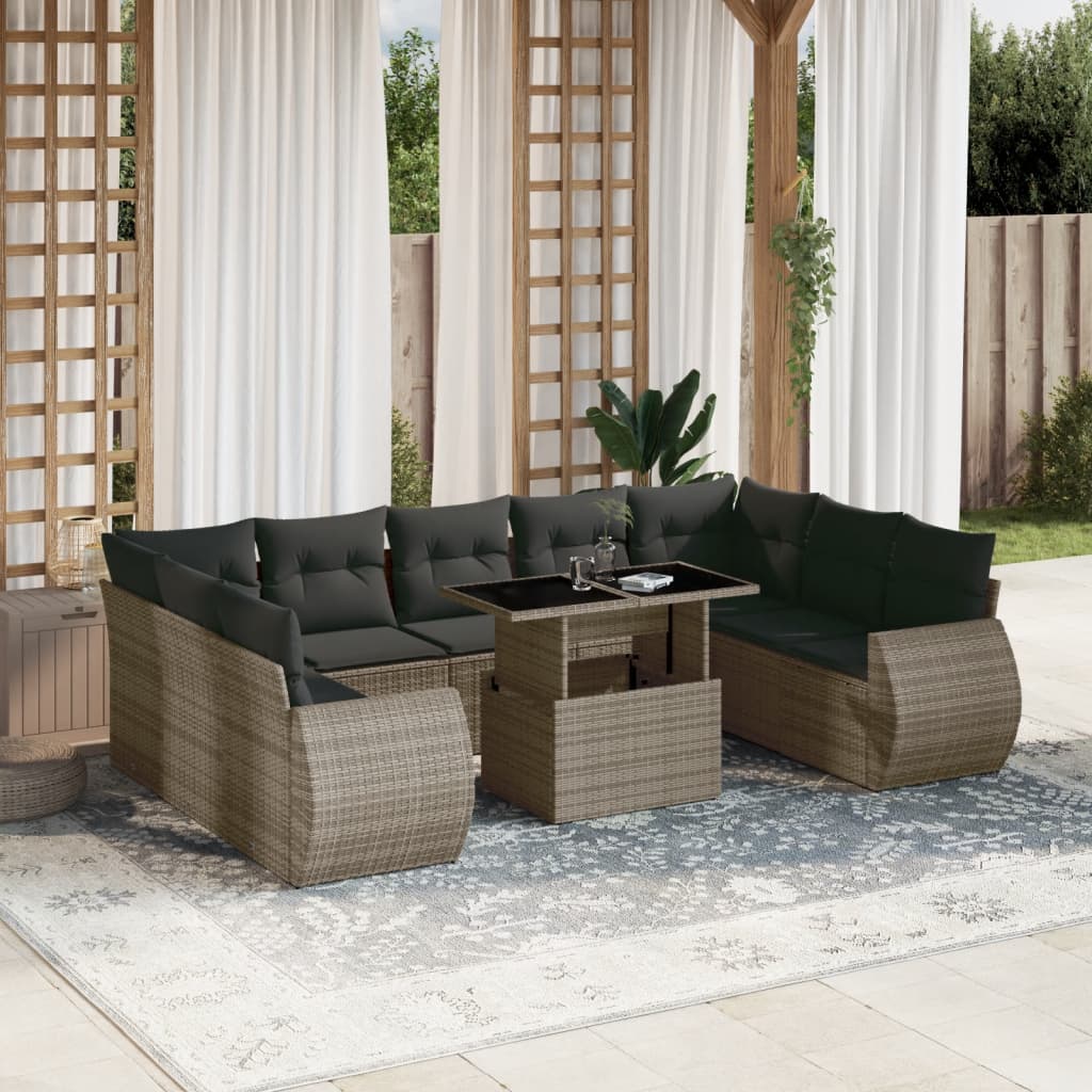Set Canapele De Grădină Cu Perne, 10 Piese, Negru, Poliratan