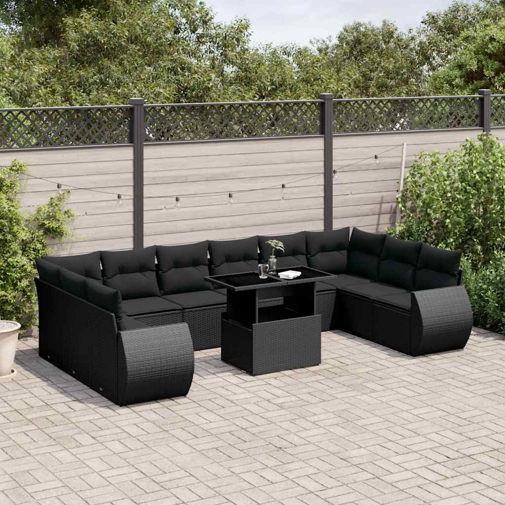 Set Canapele De Grădină Cu Perne, 11 Piese, Negru, Poliratan