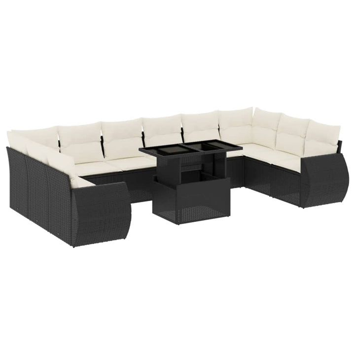 Set Canapele De Grădină Cu Perne, 11 Piese, Negru, Poliratan