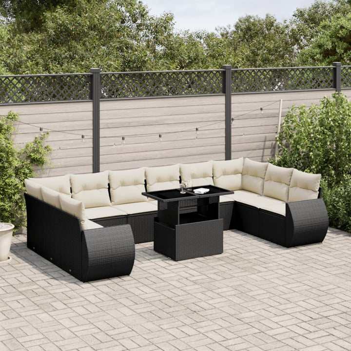 Set Canapele De Grădină Cu Perne, 11 Piese, Negru, Poliratan