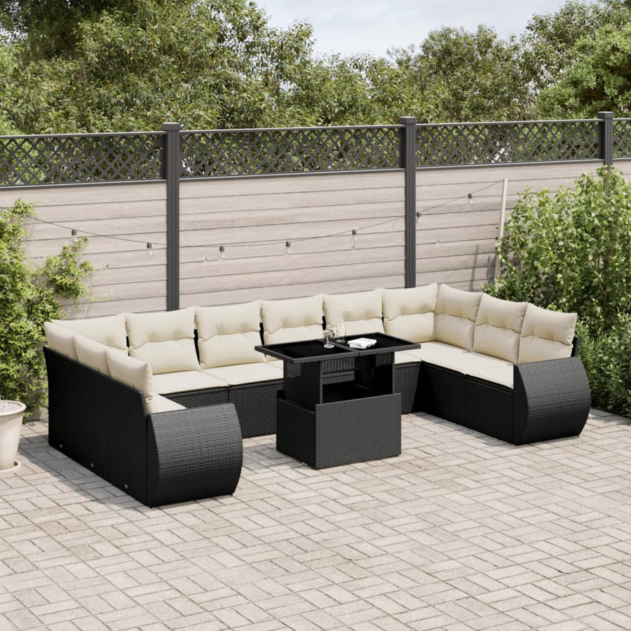 Set Canapele De Grădină Cu Perne, 11 Piese, Negru, Poliratan