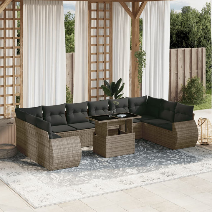 Set Canapele De Grădină Cu Perne, 11 Piese, Negru, Poliratan