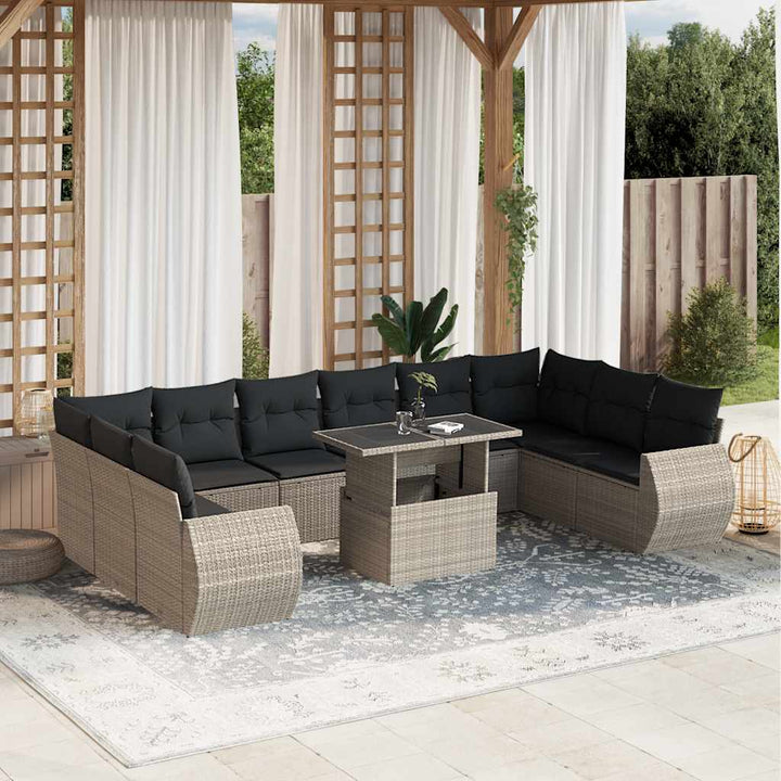 Set Canapele De Grădină Cu Perne, 11 Piese, Negru, Poliratan