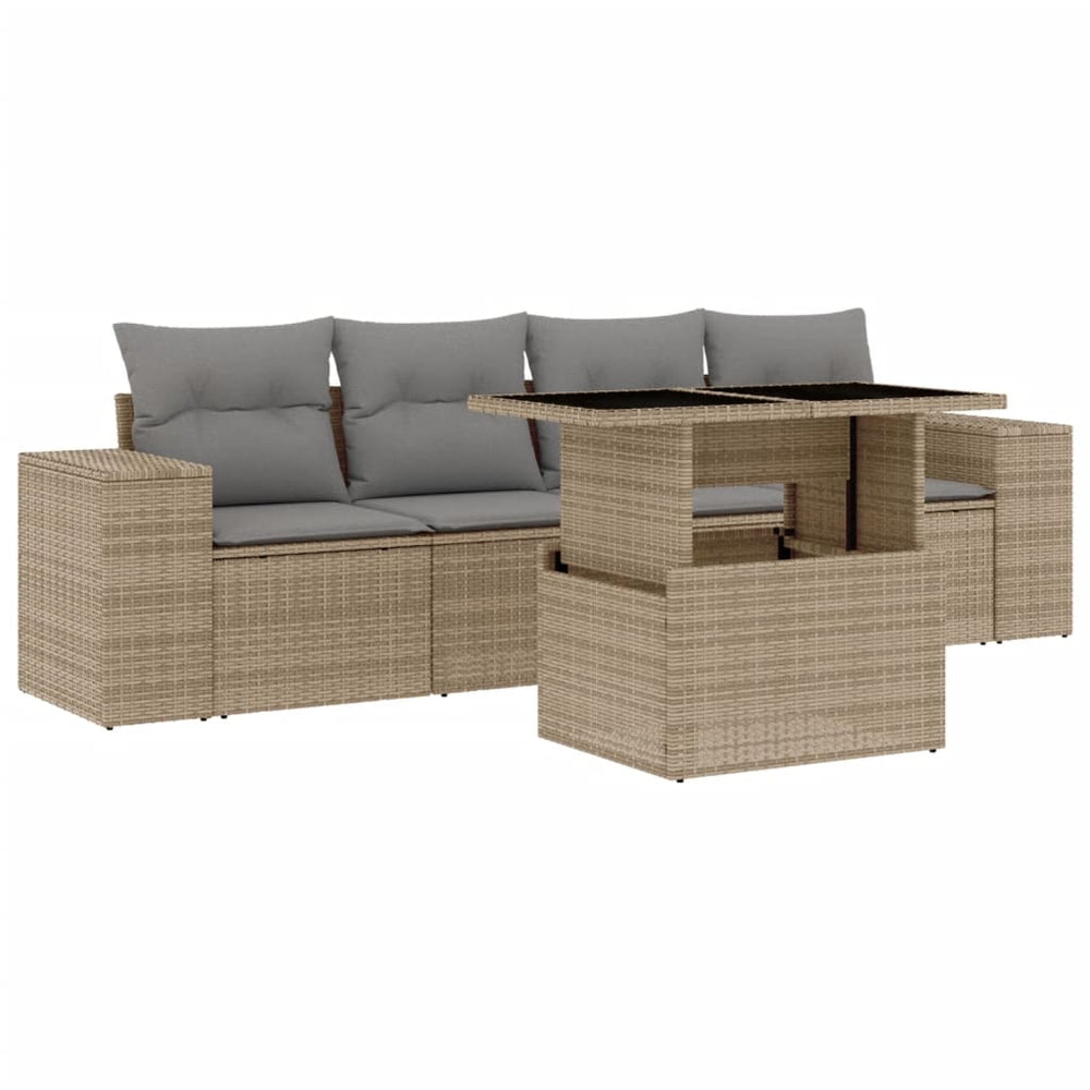 Set Canapele De Grădină Cu Perne, 5 Piese, Bej, Poliratan