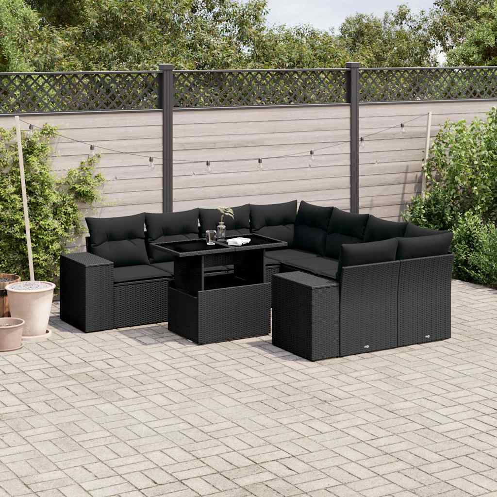 Set Mobilier De Grădină Cu Perne, 9 Piese, Negru, Poliratan