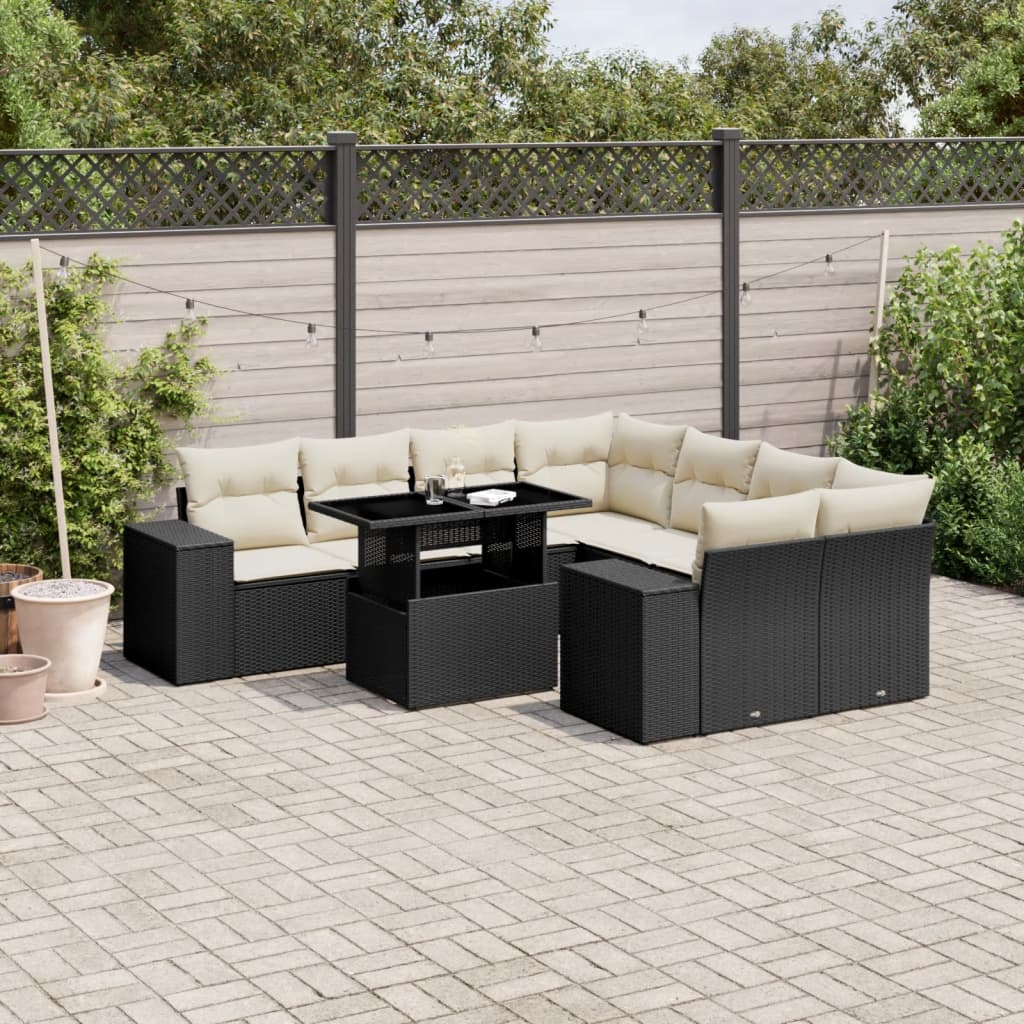 Set Mobilier De Grădină Cu Perne, 9 Piese, Negru, Poliratan