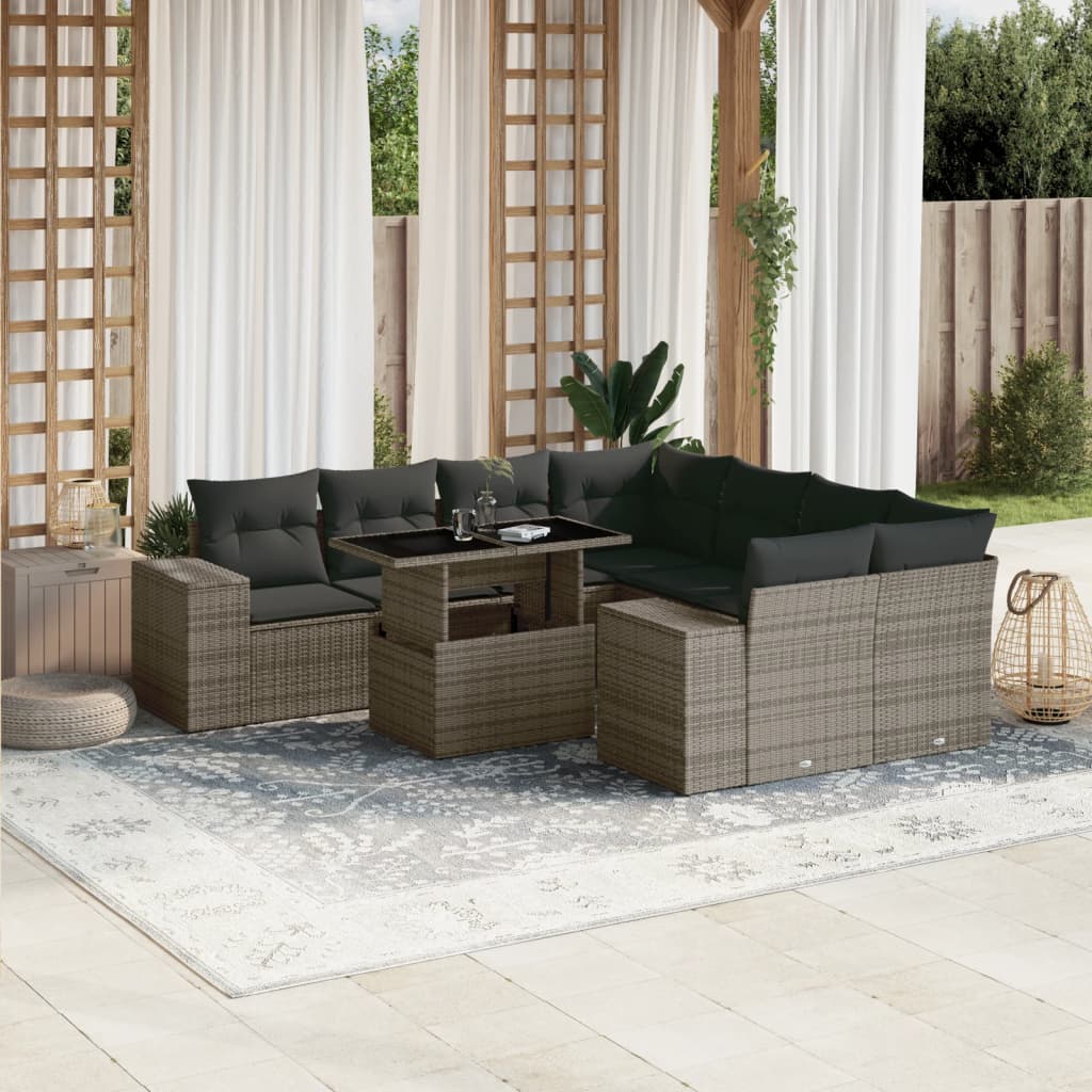 Set Mobilier De Grădină Cu Perne, 9 Piese, Negru, Poliratan