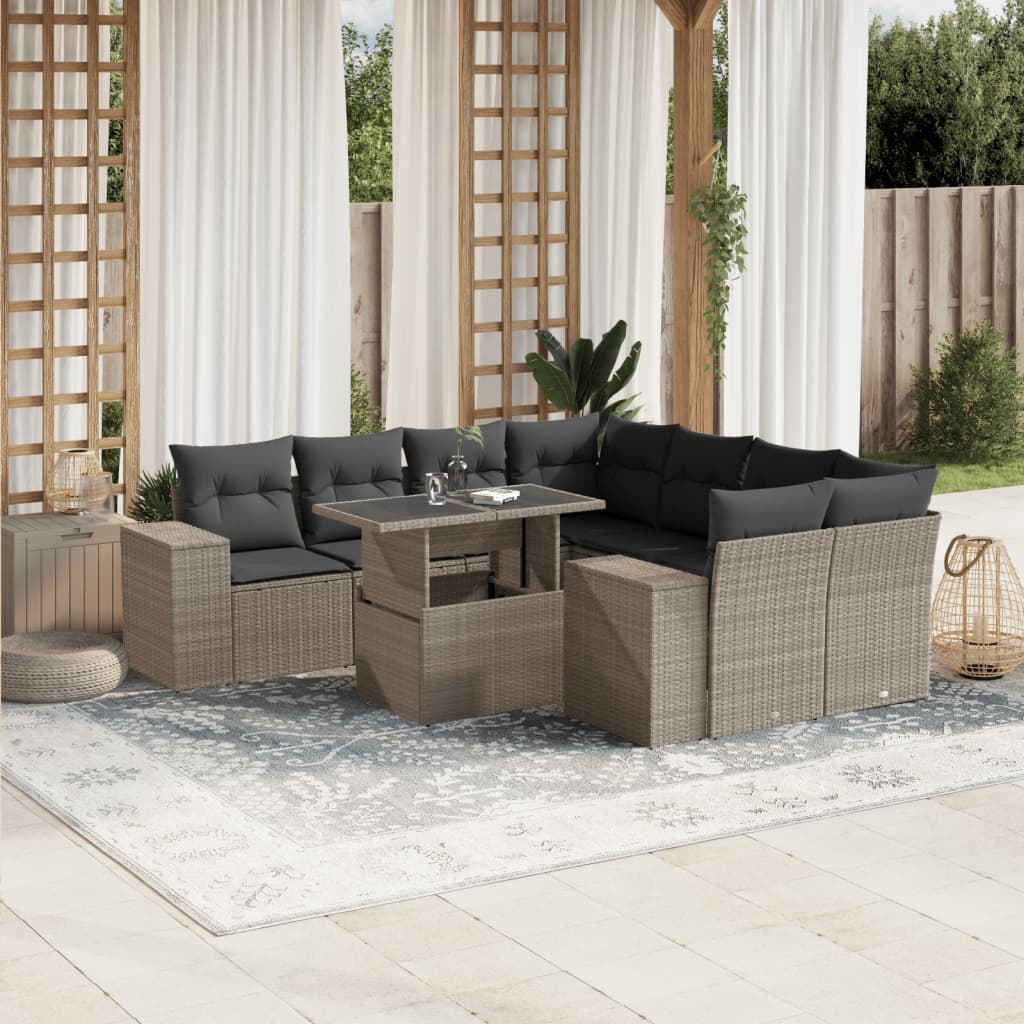 Set Mobilier De Grădină Cu Perne, 9 Piese, Negru, Poliratan