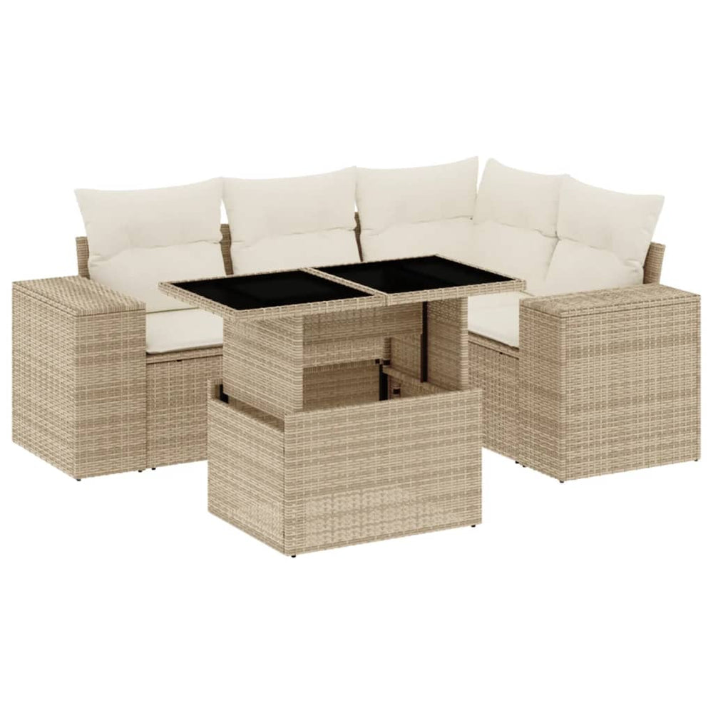 Set Canapele De Grădină Cu Perne, 5 Piese, Bej, Poliratan