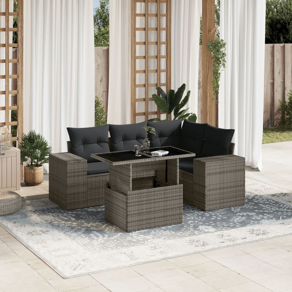 Set Canapele De Grădină Cu Perne, 5 Piese, Bej, Poliratan