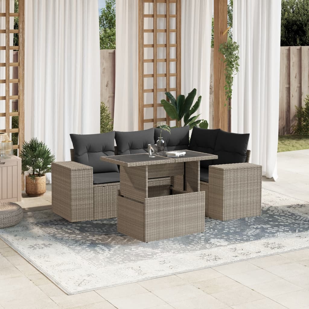 Set Canapele De Grădină Cu Perne, 5 Piese, Bej, Poliratan