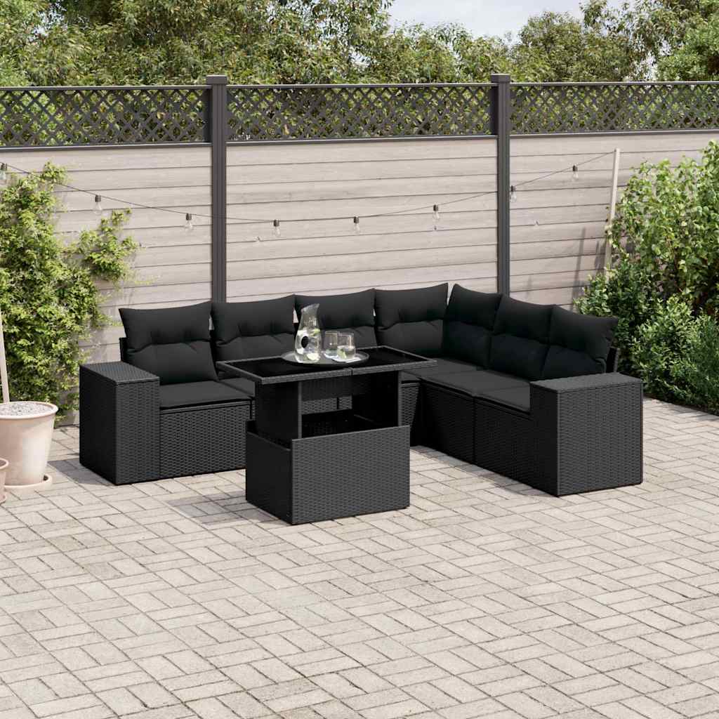 Set Canapele De Grădină Cu Perne, 7 Piese, Negru, Poliratan